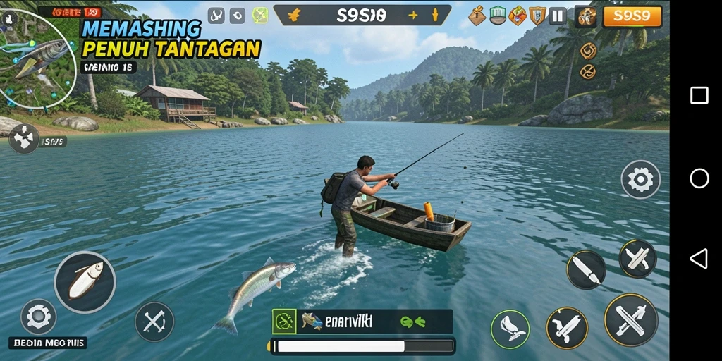 Tampilan gameplay S9S9 yang menampilkan seru saat memancing ikan.